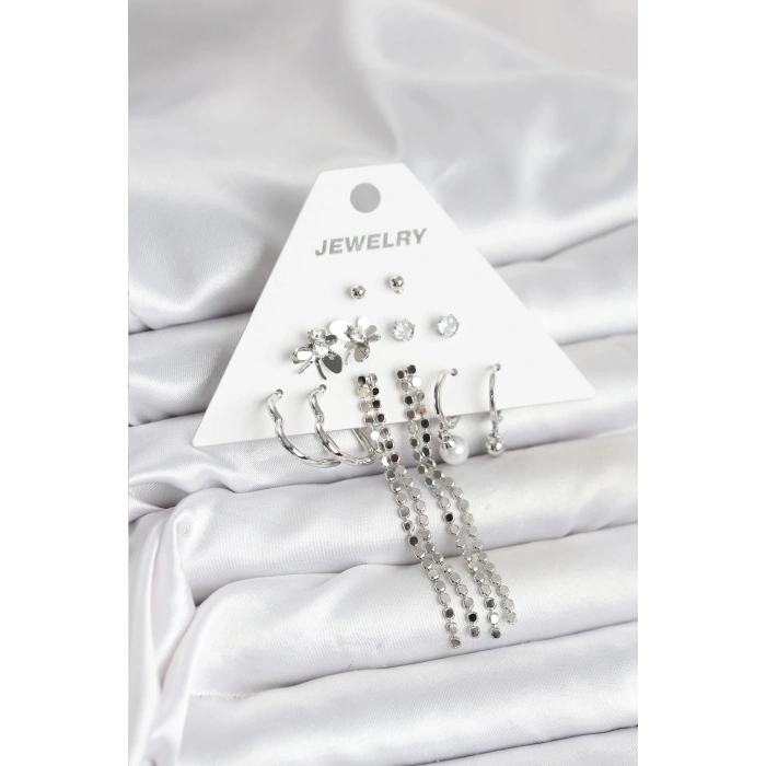 Pirinç Gümüş Renk 6 Çift Kadın Küpe - TJ-BKP11336