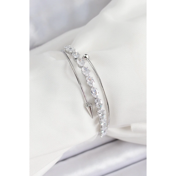 Pirinç Gümüş Renk Arpa Zirkon Taşlı Kadın Bileklik - TJ-BB7064