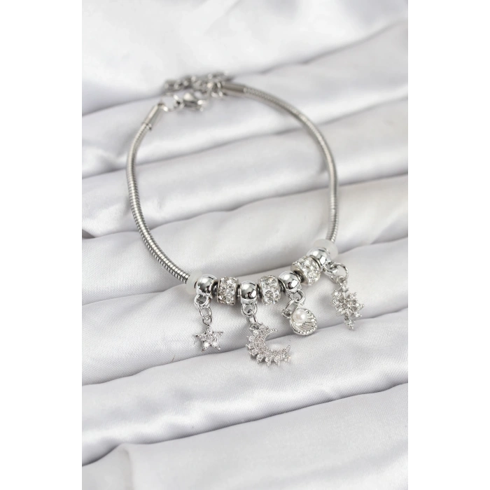 Pirinç Gümüş Renk Ay Charm Model Charmlı Kadın Bileklik - TJ-BB8174