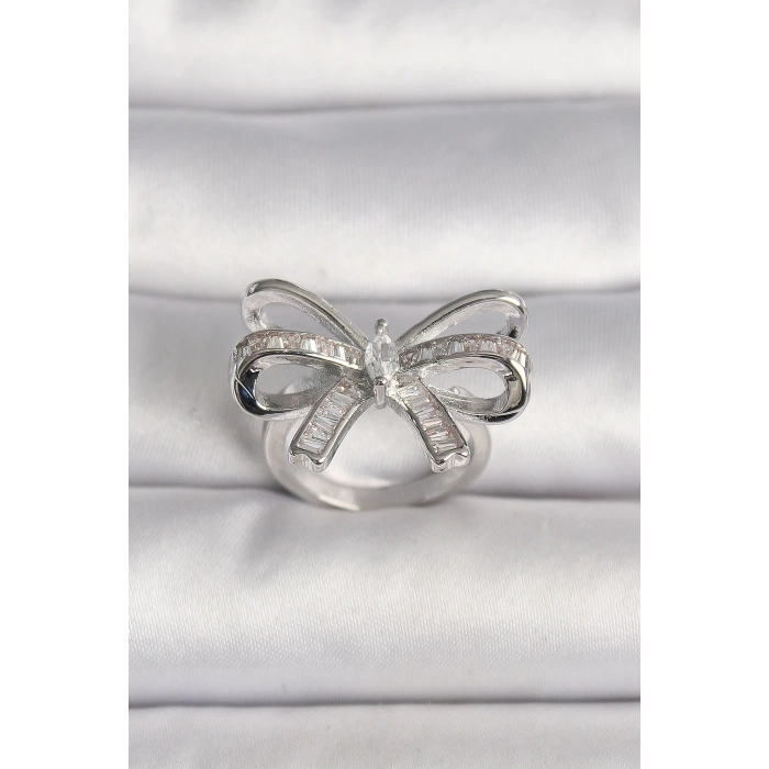 Pirinç Gümüş Renk Ayarlanabilir Zirkon Taşlı Kurdele Model Kadın Yüzük - TJ-BYK3585