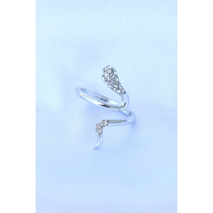 Pirinç Gümüş Renk Ayarlanabilir Zirkon Taşlı Yılan Yüzük - TJ-BYK3187