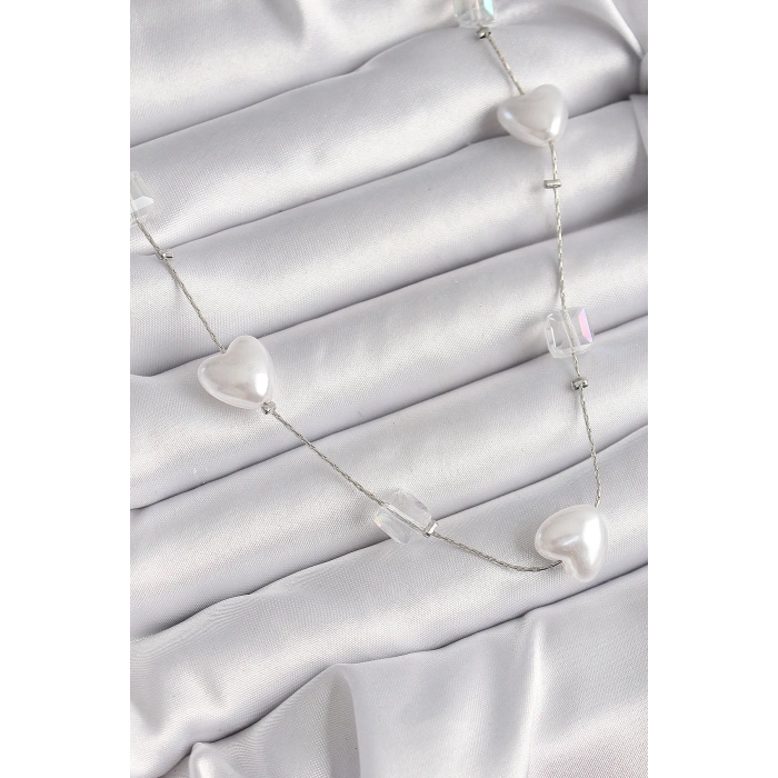 Pirinç Gümüş Renk Beyaz İnci Kalp Model Kadın Kolye - TJ-BKO9624