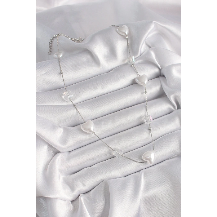 Pirinç Gümüş Renk Beyaz İnci Kalp Model Kadın Kolye - TJ-BKO9624