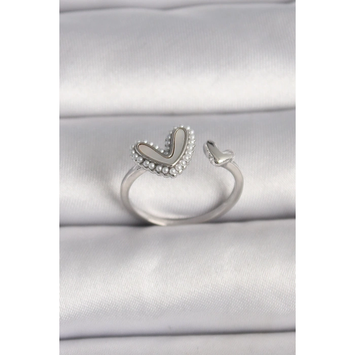 Pirinç Gümüş Renk Beyaz Mineli İnci Detaylı Kalp Model Ayarlanabilir Yüzük - TJ-BYK3536