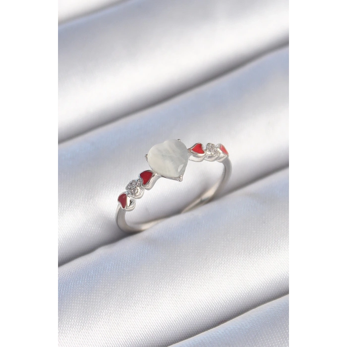 Pirinç Gümüş Renk Beyaz Mineli Kalp Model Zirkon Taş Detaylı Kadın Yüzük - TJ-BYK3459