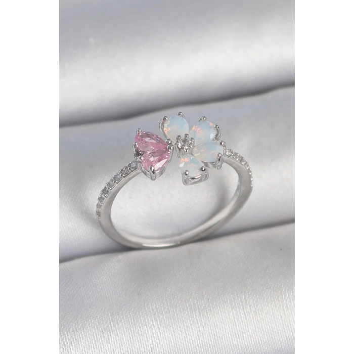 Pirinç Gümüş Renk Beyaz Mineli Pembe Zirkon Taşlı Çiçek Model Kadın Yüzük - TJ-BYK3708