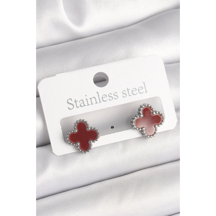 Pirinç Gümüş Renk Bordo Yonca Model Kadın Küpe - TJ-BKP10359