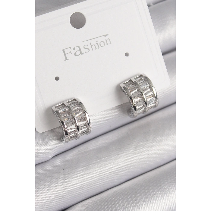 Pirinç Gümüş Renk Çift Sıra Zirkon Taşlı Kadın Küpe - TJ-BKP9755