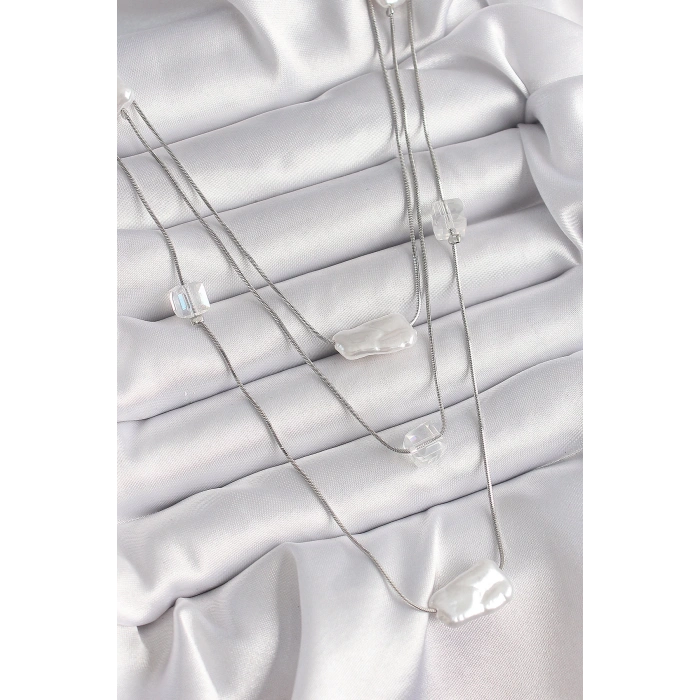 Pirinç Gümüş Renk Ezme İnci Model Çoklu Kadın Kolye - TJ-BKO9620