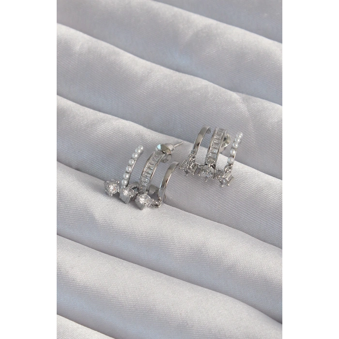 Pirinç Gümüş Renk İncili Çoklu Zirkon Taşlı Yarım Halka Küpe - TJ-BKP9316