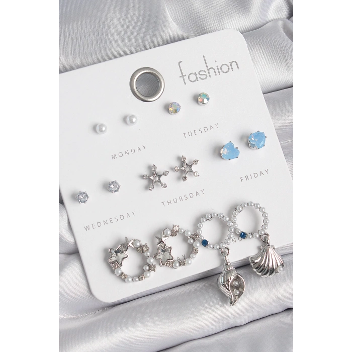 Pirinç Gümüş Renk İncli Zirkon Taşlı Halka Figür Yıldız Detay 7 Çift Kadın Küpe Seti - TJ-BKP10547