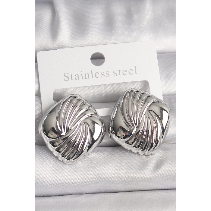 Pirinç Gümüş Renk İşlemeli Kare Model Kadın Küpe - TJ-BKP10156