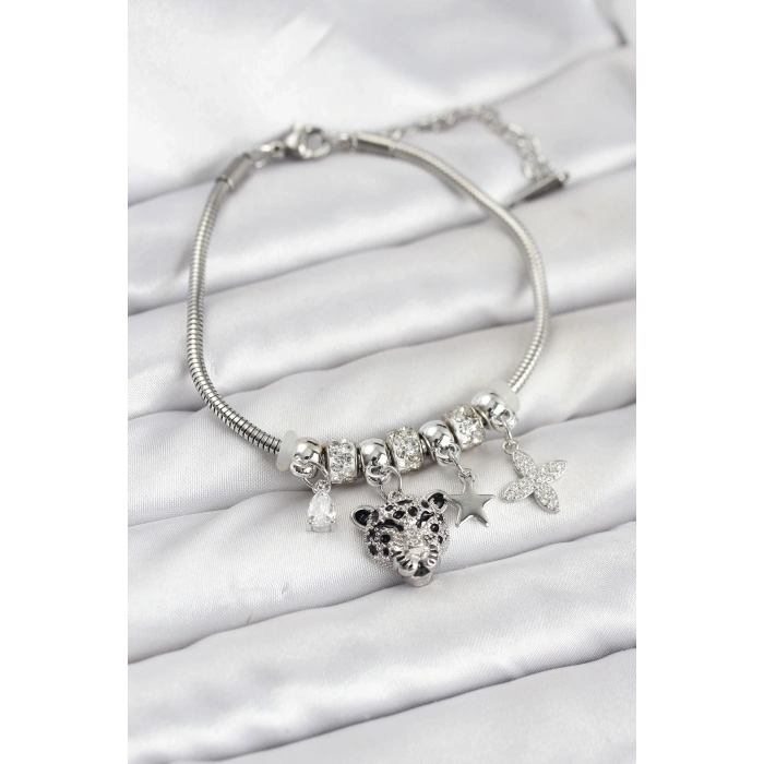 Pirinç Gümüş Renk Kaplan Model Charmlı Kadın Bileklik - TJ-BB8212