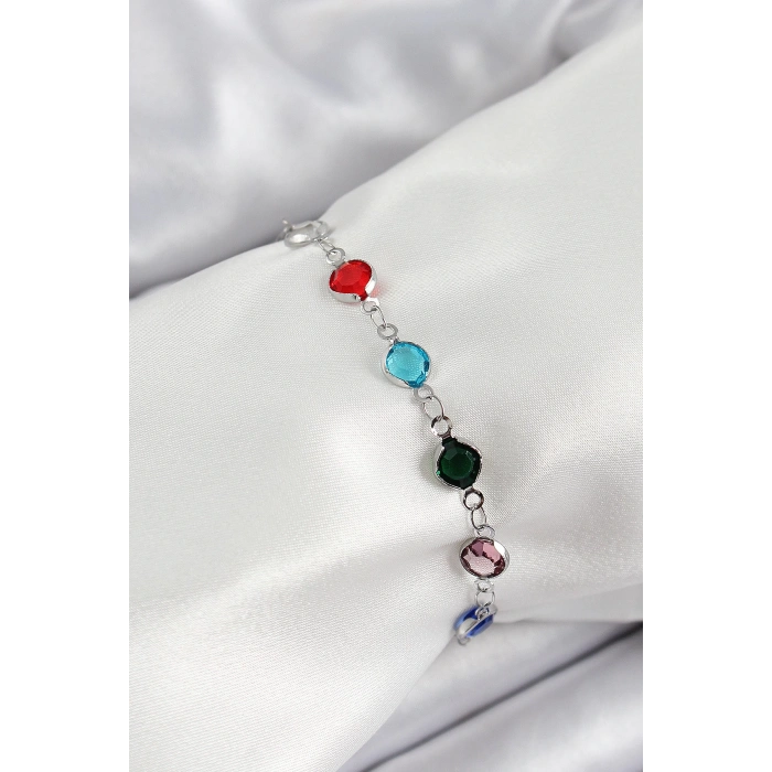 Pirinç Gümüş Renk Karışık Renk Zirkon Taşlı Kadın Bileklik - TJ-BB7046