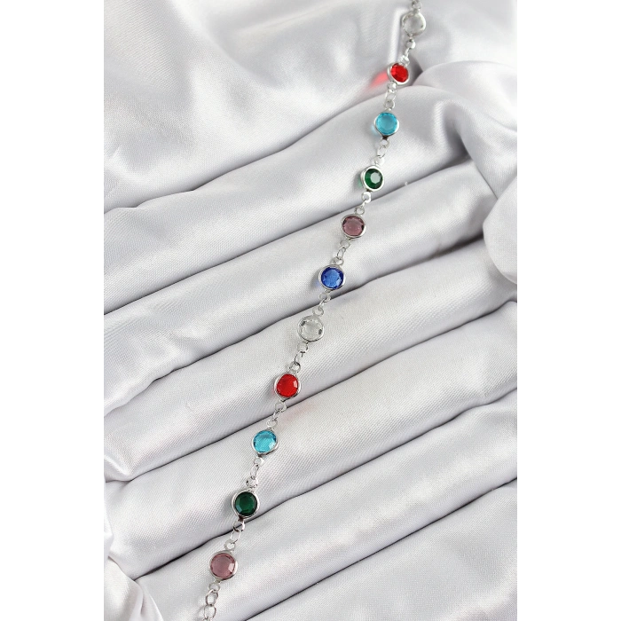 Pirinç Gümüş Renk Karışık Renk Zirkon Taşlı Kadın Bileklik - TJ-BB7046