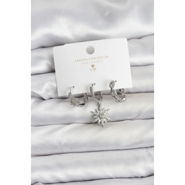 Pirinç Gümüş Renk Kutup Yıldızı Model 3lü Kadın Küpe Seti - TJ-BKP11448