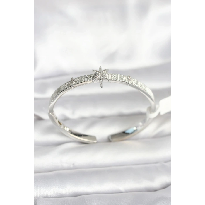 Pirinç Gümüş Renk Kutup Yıldızı Model Kadın Kelepçe Bileklik - TJ-BB8092