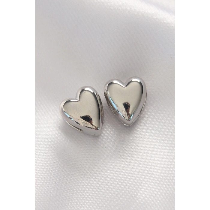 Pirinç Gümüş Renk Minimal Bombeli Kalp Küpe - TJ-BKP8969