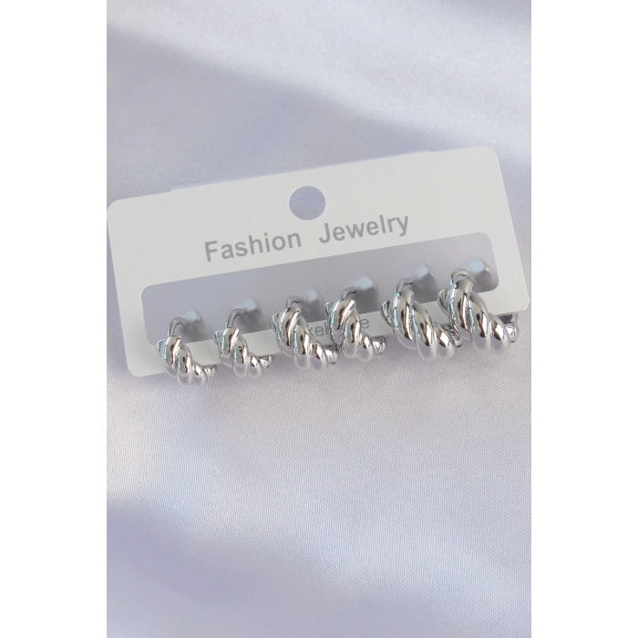 Pirinç Gümüş Renk Minimal Tırtıklı Küpe Seti - TJ-BKP8991