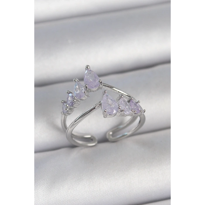 Pirinç Gümüş Renk Mor Damla Zirkon Taşlı Taç Model Kadın Yüzük - TJ-BYK3714