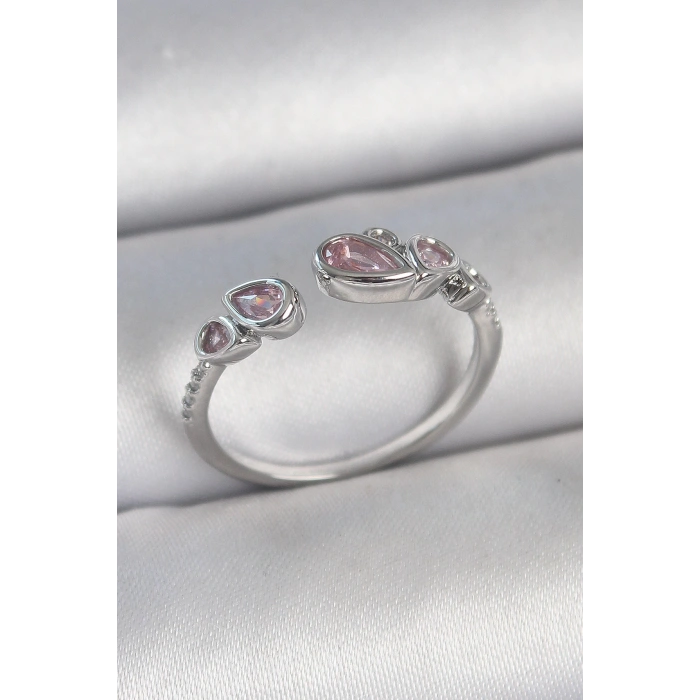 Pirinç Gümüş Renk Pembe Damla Zirkon Taşlı Ayarlanabilir Model Kadın Yüzük - TJ-BYK3734