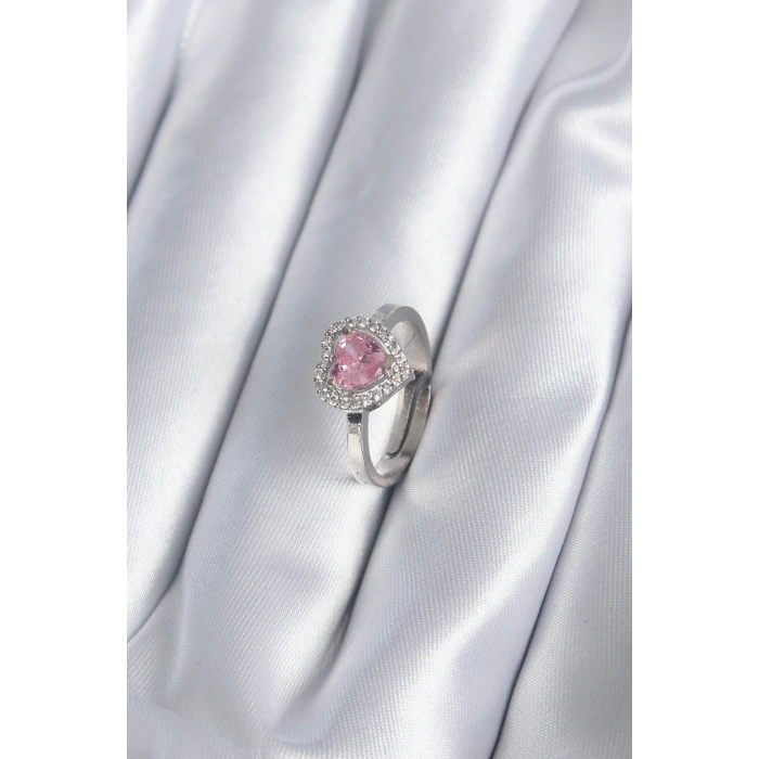 Pirinç Gümüş Renk Pembe Zirkon Taşlı Charm Model Kadın Yüzük - TJ-BYK2864