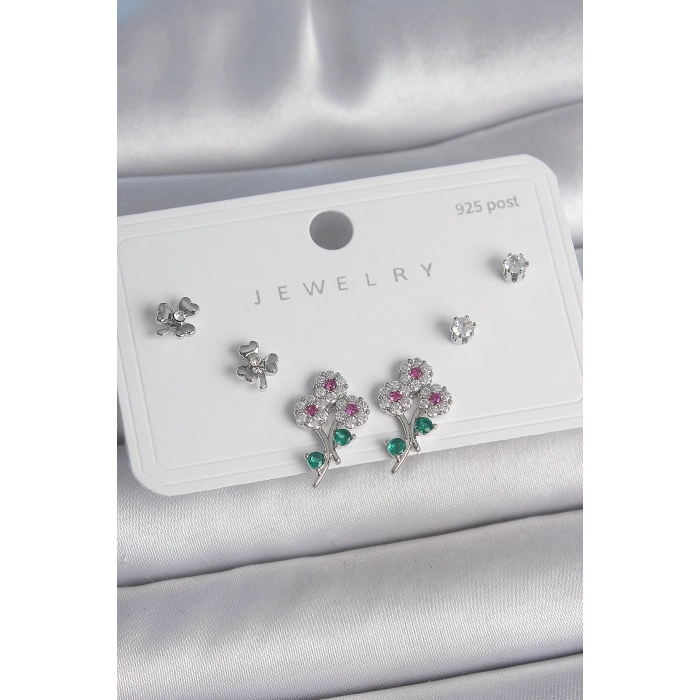 Pirinç Gümüş Renk Renkli Zirkon Taşlı Çiçek Model Yaprak Detay 925 Ayar Gümüş Çivi Kadın Küpe Seti - TJ-BKP10487