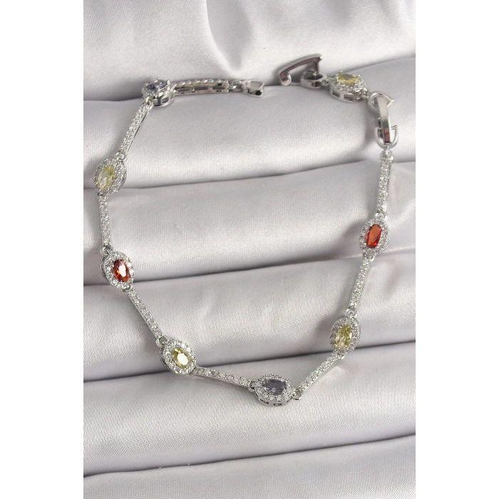 Pirinç Gümüş Renk Renkli Zirkon Taşlı Damla Taş Model Kadın Bileklik - TJ-BB6873