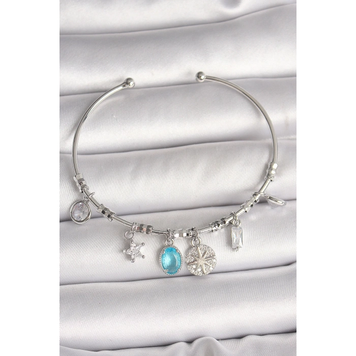 Pirinç Gümüş Renk Sallantı Pusula Figür Kalp Detay Charm Kadın Bileklik - TJ-BB6902