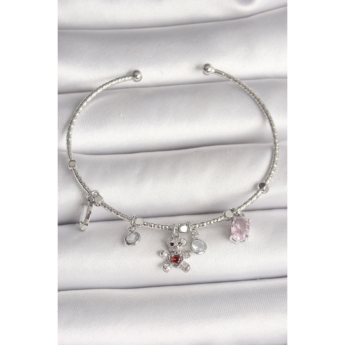 Pirinç Gümüş Renk Sallantı Zirkon Taşlı Ayıcık Figür Kırmızı Taş Detay Charm Kadın Bileklik - TJ-BB6912