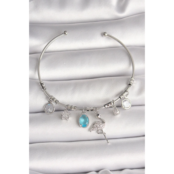 Pirinç Gümüş Renk Sallantı Zirkon Taşlı Filaminga Figür Charm Kadın Bileklik - TJ-BB6903