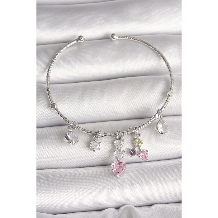Pirinç Gümüş Renk Sallantı Zirkon Taşlı Kalp Figür Charm Kadın Bileklik - TJ-BB6910