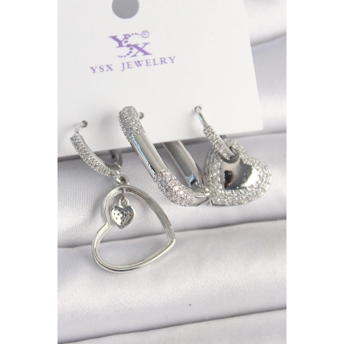 Pirinç Gümüş Renk Sallantı Zirkon Taşlı Kalp Model 3Lü Kadın Kombin Küpe - TJ-BKP10442