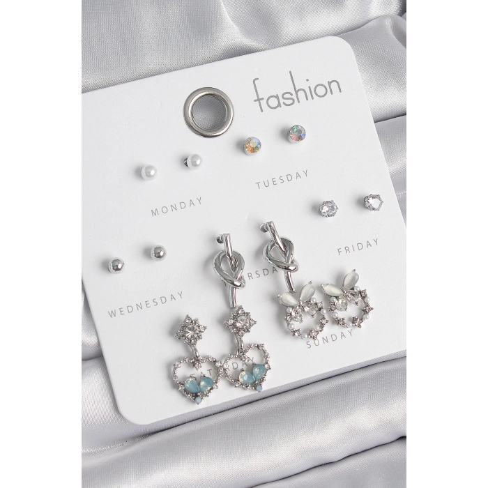 Pirinç Gümüş Renk Sallantı Zirkon Taşlı Kalp Model Düğüm Detay 7 Çift Kadın Küpe Seti - TJ-BKP10548