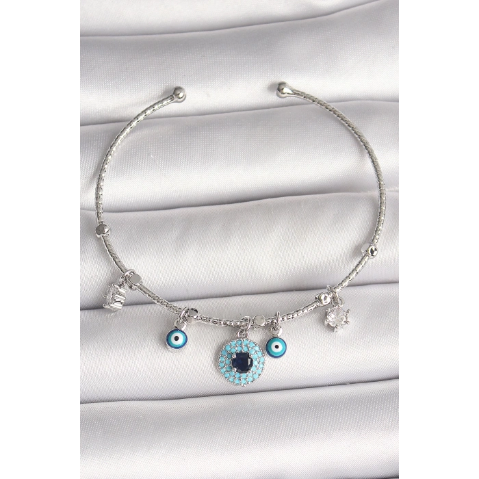 Pirinç Gümüş Renk Sallantı Zirkon Taşlı Nazar Boncuk Figür Charm Kadın Bileklik - TJ-BB6911