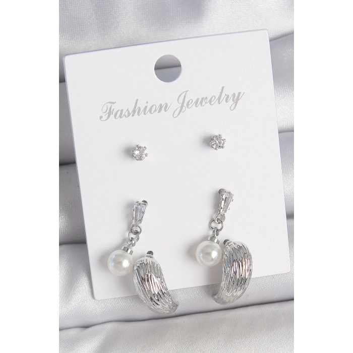 Pirinç Gümüş Renk Sallantılı Zirkon Taşlı Damla Model 3 Çift Kadın Küpe Seti - TJ-BKP10593