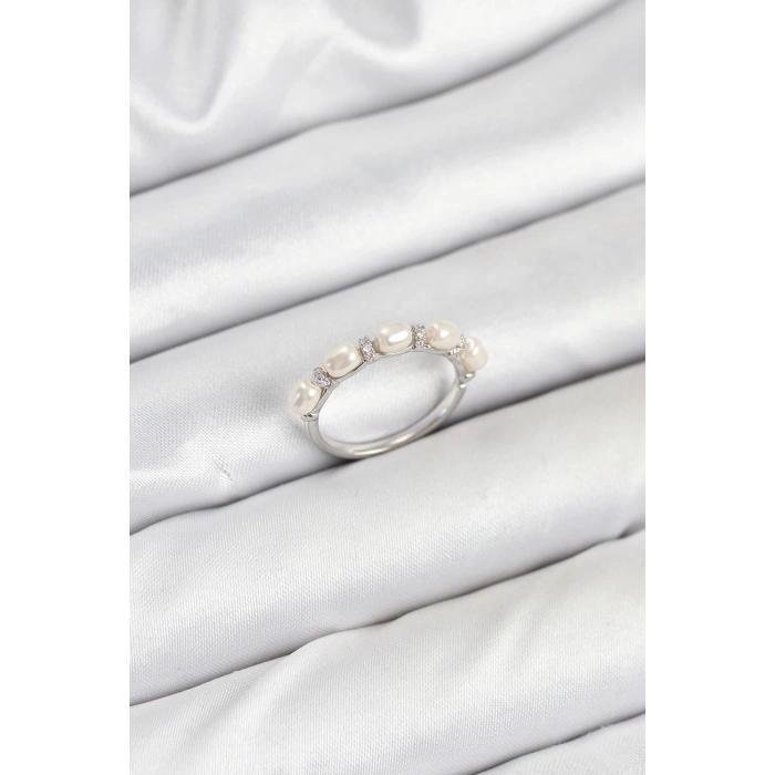 Pirinç Gümüş Renk Sıralı İncili Kadın Yüzük - TJ-BYK3845