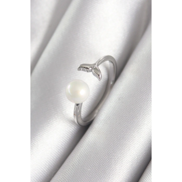 Pirinç Gümüş Renk Top İnci Figür Balık Kuyruğu Model Kadın Yüzük - TJ-BYK3075