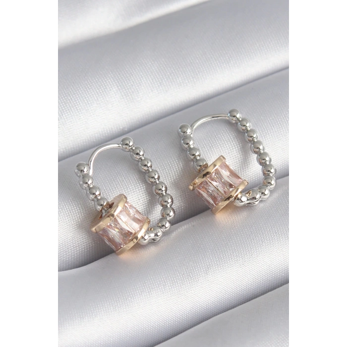 Pirinç Gümüş Renk Top Model Gold Renk Zirkon Taşlı Kadın Küpe - TJ-BKP8494