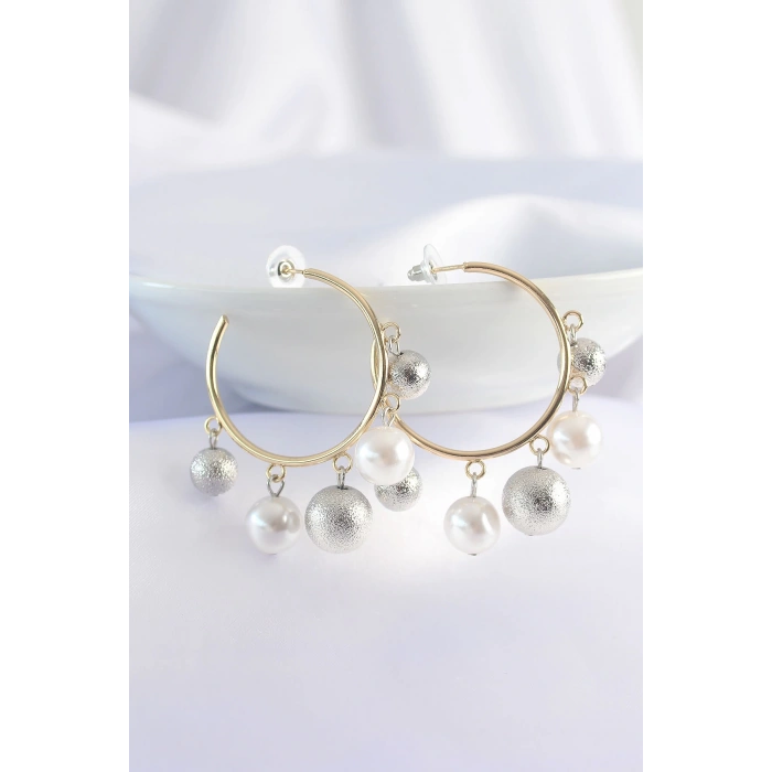 Pirinç Gümüş Renk Topçuk Model Gold Renk Halka Küpe - TJ-BKP8907