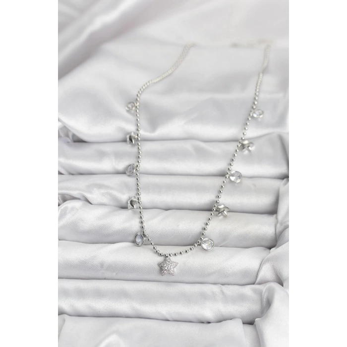 Pirinç Gümüş Renk Yıldız Model Kadın Kolye - TJ-BKO10650