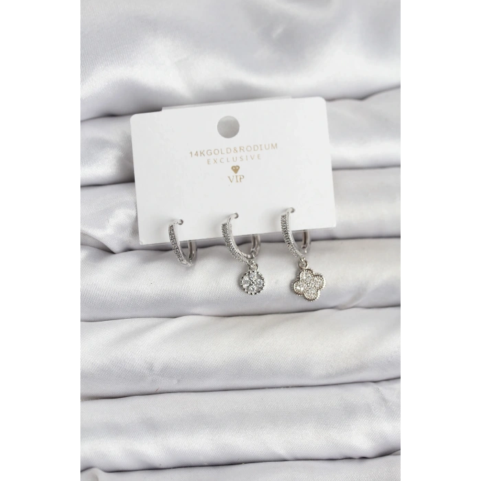 Pirinç Gümüş Renk Yonca Model 3lü Kadın Küpe Seti - TJ-BKP11446