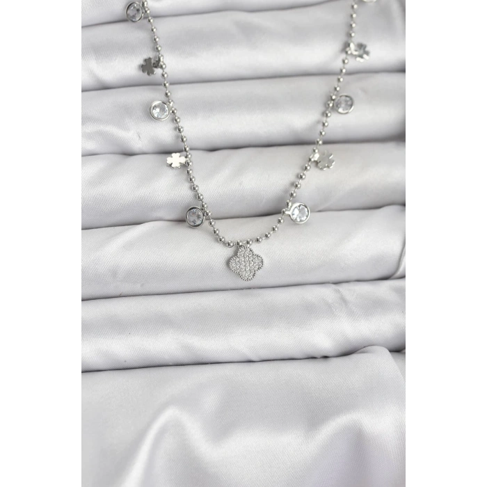 Pirinç Gümüş Renk Yonca Model Kadın Kolye - TJ-BKO10651