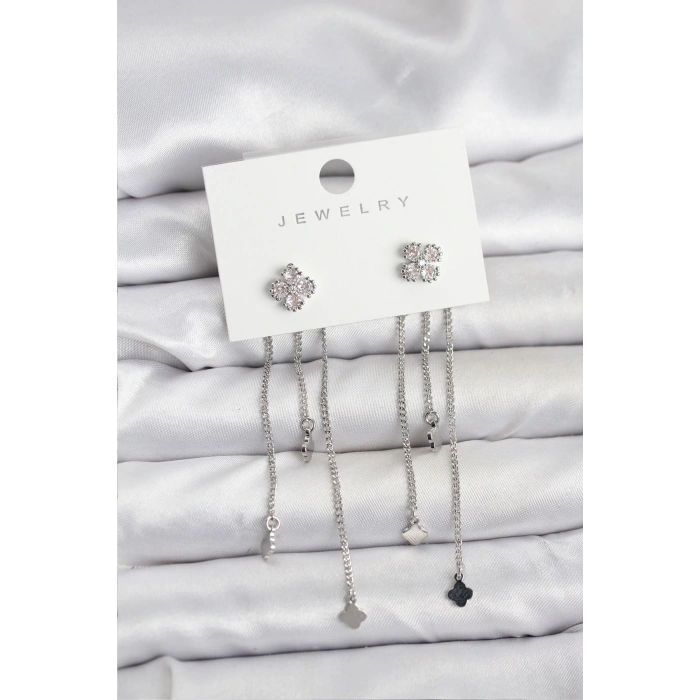 Pirinç Gümüş Renk Yonca Model Sallantılı Kadın Küpe - TJ-BKP11454