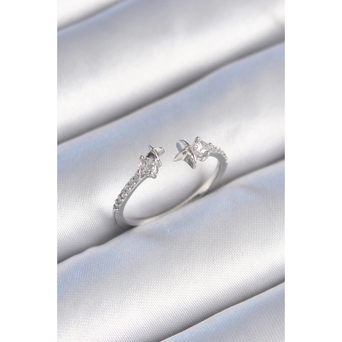 Pirinç Gümüş Renk Zirkon Taş Detay Yıldız Model Kadın Yüzük - TJ-BYK3447