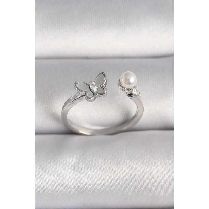 Pirinç Gümüş Renk Zirkon Taş Detaylı Beyaz Mineli Kelebek Figür İnci Detay Ayarlanabilir Yüzük - TJ-BYK3524