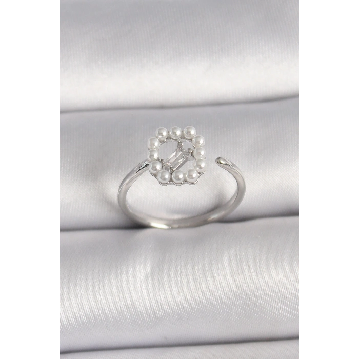 Pirinç Gümüş Renk Zirkon Taş Detaylı İncili Ayarlanabilir Yüzük - TJ-BYK3542