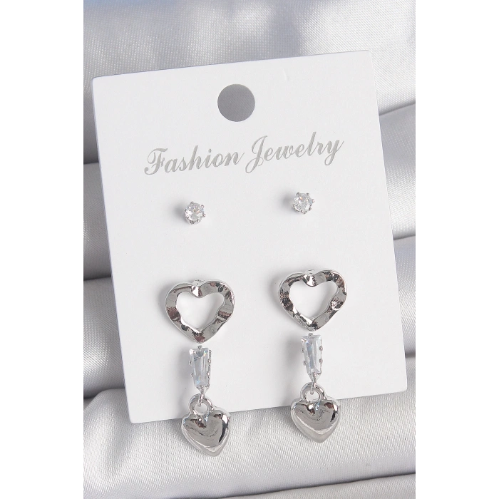 Pirinç Gümüş Renk Zirkon Taş Detaylı Sallantı Model 2 Çift Kadın Küpe Seti - TJ-BKP10595