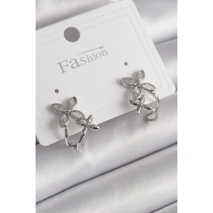 Pirinç Gümüş Renk Zirkon Taşlı 2Li Çiçek Model Kadın Küpe - TJ-BKP9962