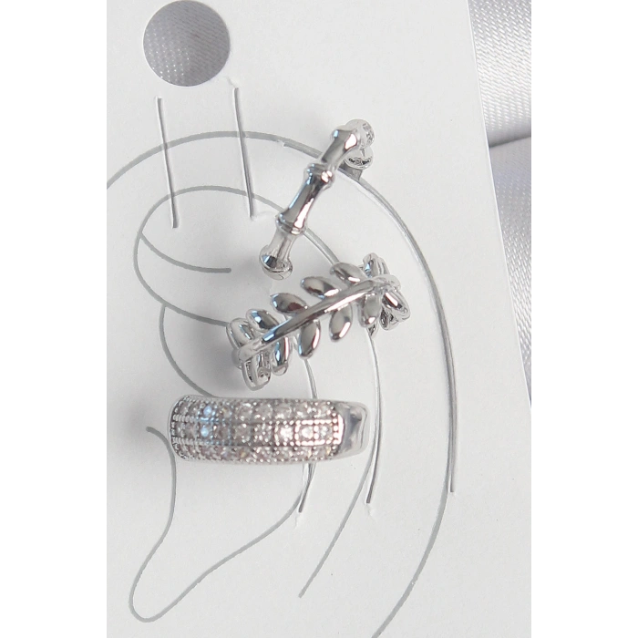 Pirinç Gümüş Renk Zirkon Taşlı 3Lü Model Yaprak Figür Kadın Kıkırdak Küpe - TJ-BKP10564